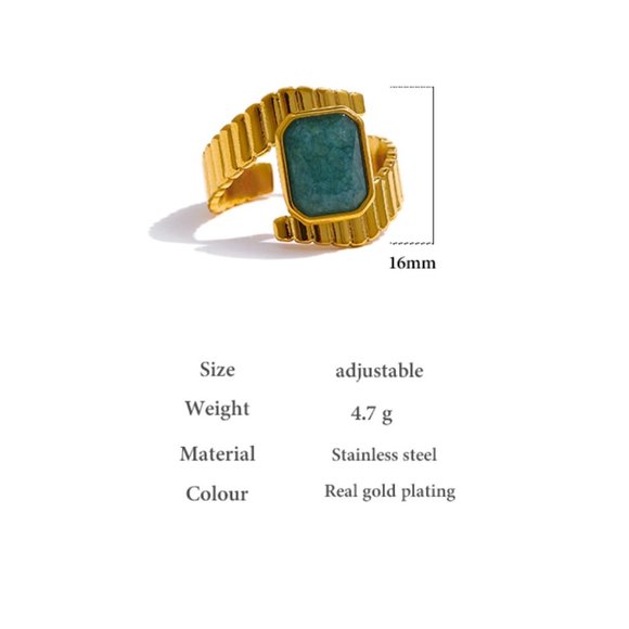 Stainless Steel Blue Apatite Ring Statement Metal Gold Opening Ring - Picture 11 of 11